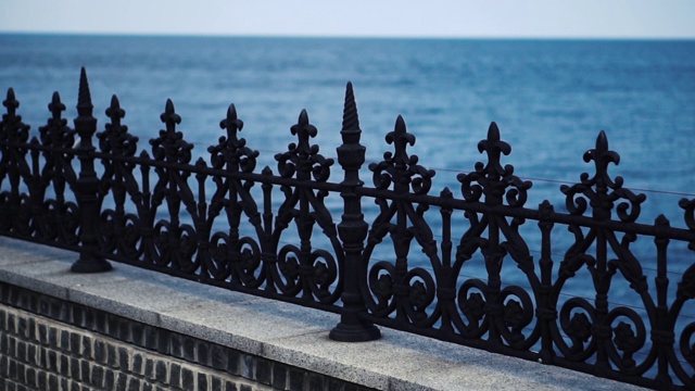 黑色金属栅栏在水的背景上。栏杆形式的装饰性栅栏。摄像机沿着栅栏移动。近距离视频素材