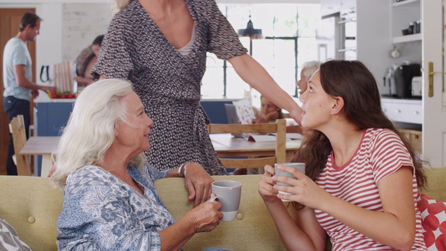 奶奶坐在沙发上和十几岁的孙女聊天，妈妈也在旁边视频素材