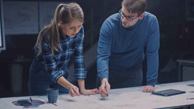 在黑暗的工业设计工程设施中，男性和女性工程师使用数字平板电脑和会议桌谈论和工作的蓝图。在桌面绘图和引擎组件视频素材