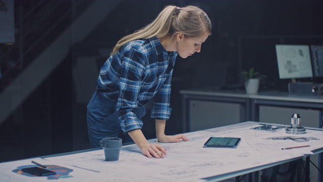 在黑暗的工业设计工程设施:女工程师工作与蓝图铺在桌子上，使用数字平板电脑和喝咖啡。在桌面绘图和引擎组件视频素材