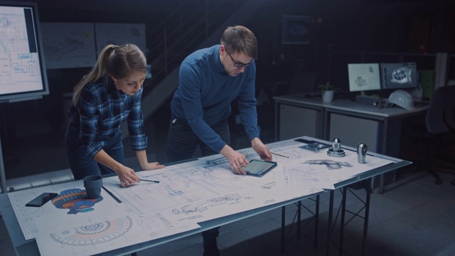 在黑暗的工业设计工程设施中，男性和女性工程师使用数字平板电脑和会议桌谈论和工作的蓝图。在桌面绘图和引擎组件视频素材