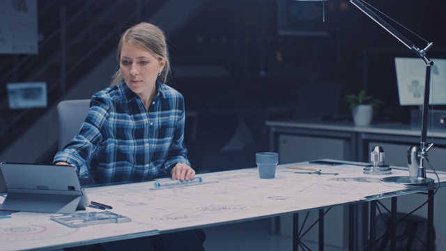 坐在办公桌前工作的女工程师把图纸放在桌上，用铅笔、尺子和数字平板电脑，喝咖啡。在黑暗工业设计工程设施视频素材