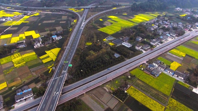 鸟瞰中国四川春日油菜籽花田和村庄的乡村景观。视频素材