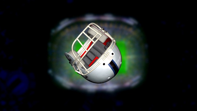 橄榄球头盔飞向带有体育场和闪光灯背景的摄像机视频下载