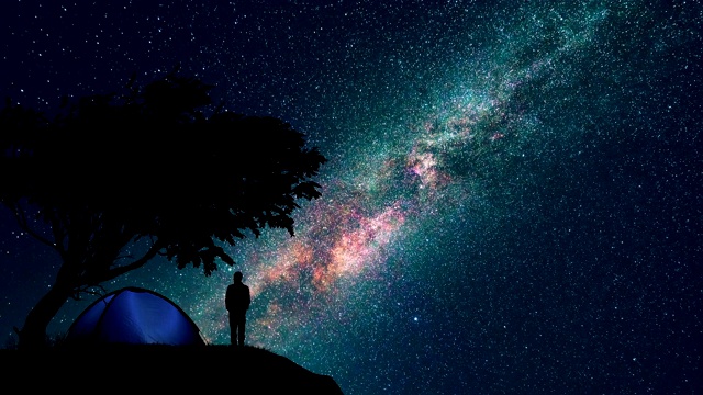 那男人和女人站在树旁，映衬着星空。时间流逝视频素材