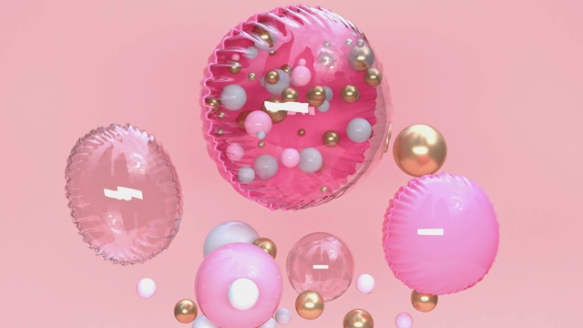 粉色透明气球悬浮抽象球体金色金属闪亮多彩的场景3d渲染运动惊喜装饰概念视频下载