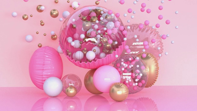 粉色透明气球悬浮抽象球体金色金属闪亮多彩的场景3d渲染运动惊喜装饰概念视频下载