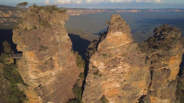 空中:令人惊叹的著名三姐妹岩层，蓝山，澳大利亚视频素材