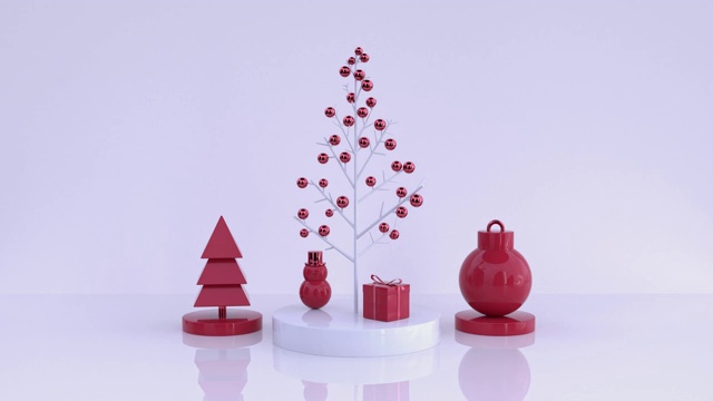 白色最小抽象运动3d渲染圣诞树礼物盒球新年装饰概念视频素材