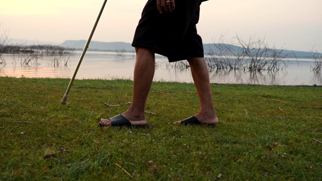 亚洲老爷子拄着拐杖在自然中行走，理念健康，慢动作视频素材