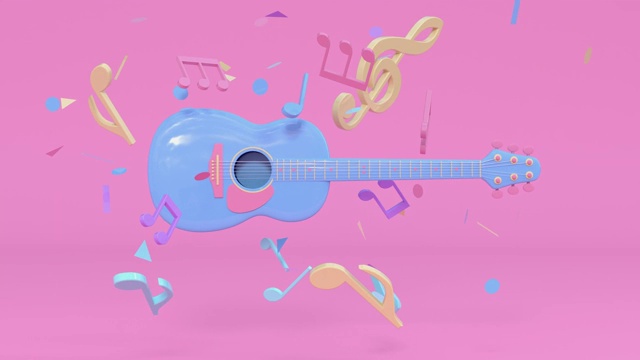 吉他粉蓝色彩色场景乐器卡通风格3d渲染视频素材