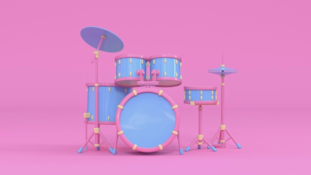 鼓粉蓝色彩色场景音乐乐器卡通风格3d渲染视频素材