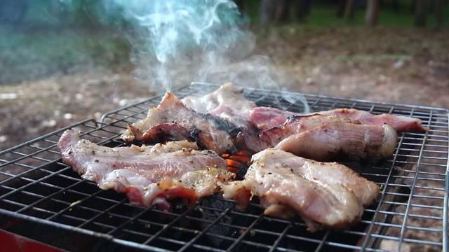 在火上烤有烟的牛肉视频素材