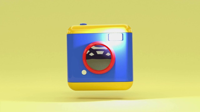 蓝黄红卡通风格相机摄影数码技术设备镜头反射3d工作室场景3d渲染视频下载