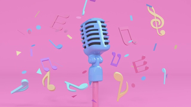 粉色场景卡通风格麦克风和音乐音符悬浮3d渲染音乐娱乐概念视频素材