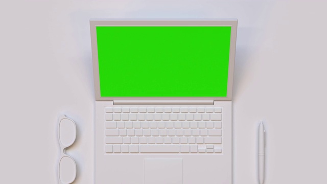 平铺场景白色电脑/笔记本电脑绿色屏幕模拟3d渲染技术视频下载