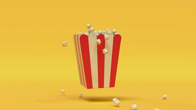 爆米花盒红黄卡通风格最小3d渲染影院影院概念视频素材