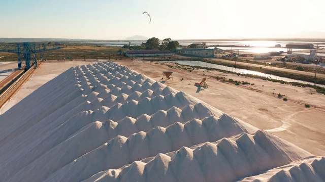 工业在沙漠中提取盐，堆盐鸟瞰图视频素材