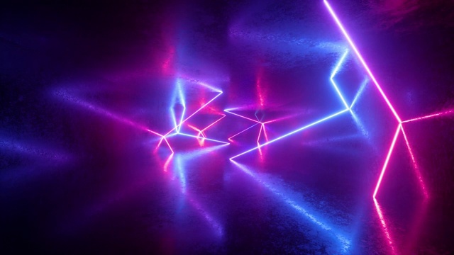 抽象霓虹背景，紫外光，粉蓝色发光线，在无尽的隧道内向前飞行，循环动画视频素材