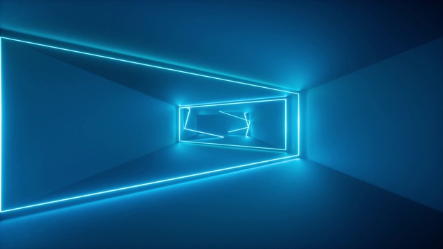 穿越无尽的走廊，蓝色的霓虹灯，发光的线条，框架，抽象的霓虹灯背景，虚拟现实界面，隧道内移动视频素材
