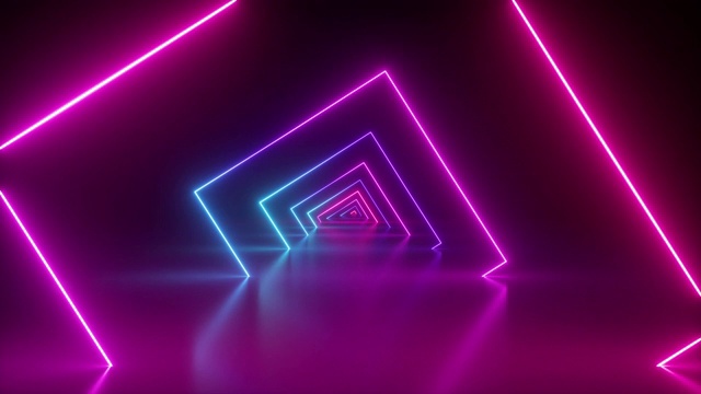 穿越旋转的霓虹隧道，粉蓝色的灯光，移动的时尚讲台，抽象的背景，旋转的框架，虚拟现实，发光的线条视频素材