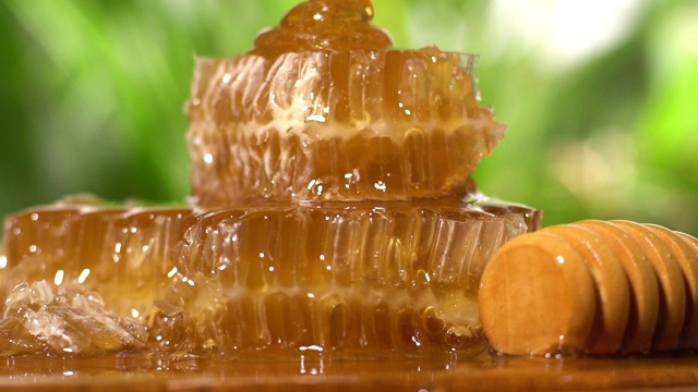 蜂蜜在蜂巢上缓慢流动视频素材