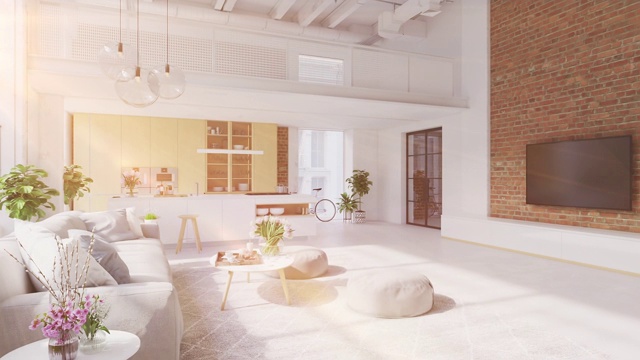 一个新的现代城市阁楼公寓的3d插图。视频素材