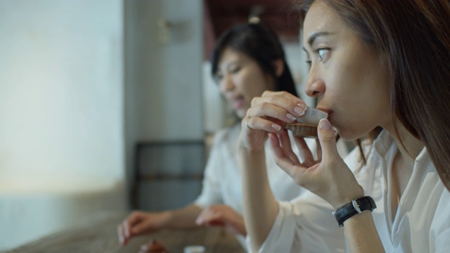两个喝茶的中国女人视频素材