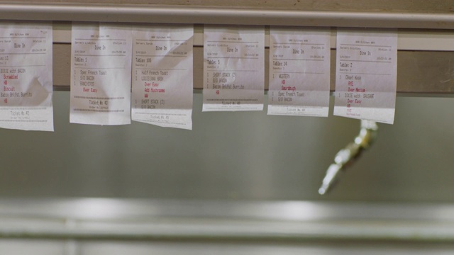 在一间商业厨房里，一位忙碌的厨师将一张订餐票滑到餐厅的持票人的身上视频下载