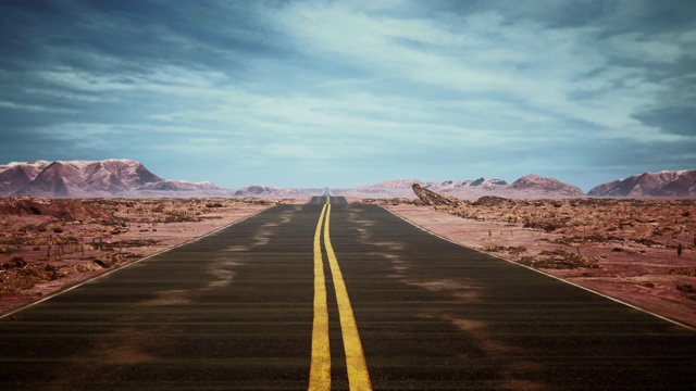 驾驶美国:壮观的日落驾驶拍摄沿着孤独的道路在美国沙漠视频下载
