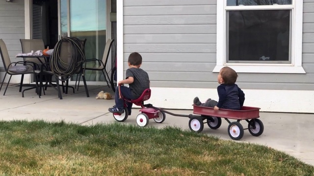 在一个居民区的后院，一个四岁的白人男孩用三轮车拉着他的弟弟视频下载