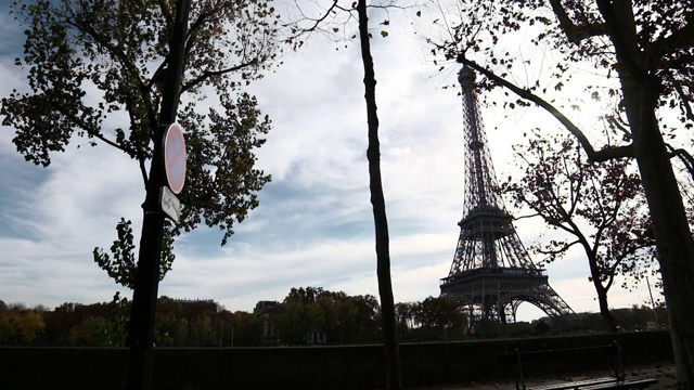 法国巴黎，塞纳河堤岸树后的埃菲尔铁塔的慢镜头视频素材