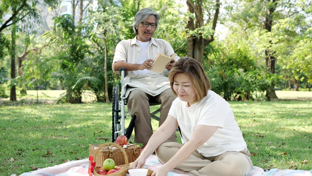 亚洲奶奶和爷爷坐在轮椅上在公园里放松的时候。慢动作视频素材