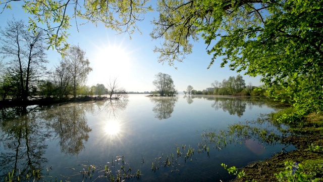 德国巴伐利亚州，弗兰科尼亚中部，Gunzenhausen的Muhr am See湖，春天日出时的Altmühlsee湖视频素材