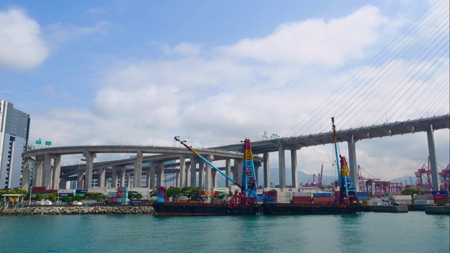 香港昂船洲大桥、货柜货轮码头视频素材