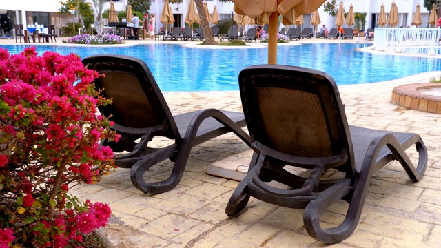 日光浴床躺椅靠近游泳池与蓝色的水在埃及度假胜地视频素材