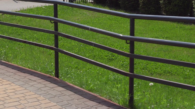 在一个阳光明媚的日子里，沿着人行道和绿色草地的城市公园里的金属栏杆围成的栅栏。摄像机沿着栅栏移动视频素材