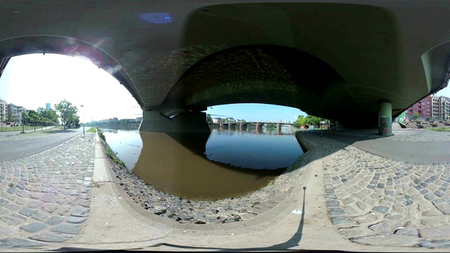 美因河畔长廊，有桥梁和住宅开发，法兰克福美因，VR360, VR, 360VR, 360视频，虚拟现实360,360VR Footage, monoopisch视频素材