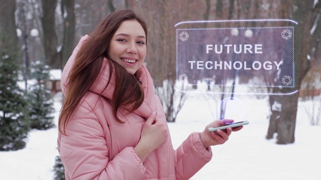 红发女孩用全息影像未来科技视频素材