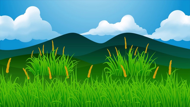 有风的日子里有山和云的草原风景动画10秒无缝循环视频素材