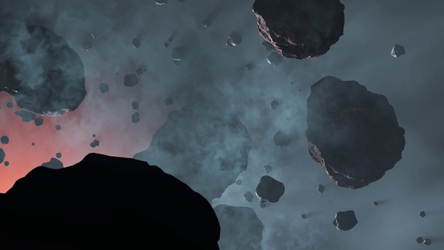 在许多小行星岩石之间飞行在一个浅蓝色的雾和红色辉光视频下载