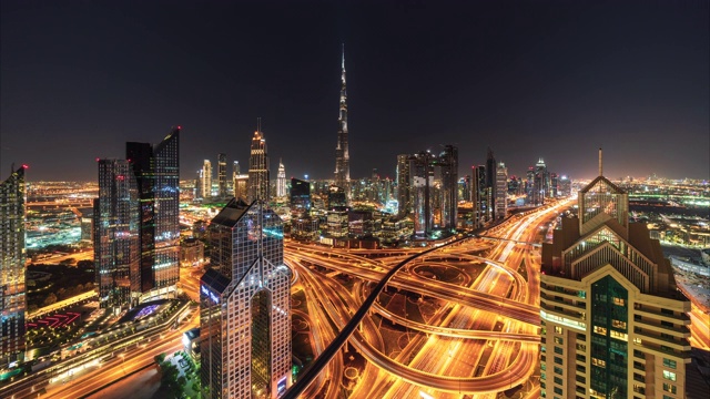 4K时间推移-鸟瞰现代摩天大楼和城市景观日落在迪拜。阿联酋视频素材