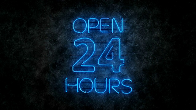 发光的蓝色霓虹灯标志开放24小时无缝循环3D渲染动画视频下载