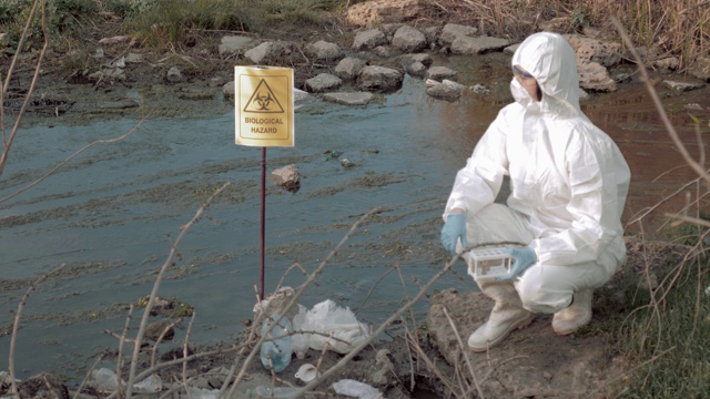 在危险区域研究中，危险物质科学家穿上防护服，在试管中采集受感染的水样，在受污染的河流中检测，以指示生物危害视频素材