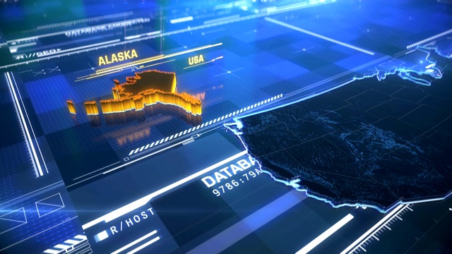 阿拉斯加美国州边界3D现代地图与名称，地区轮廓视频下载