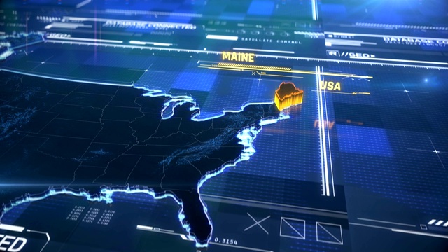 缅因州美国州边界3D现代地图与名称，地区轮廓视频素材