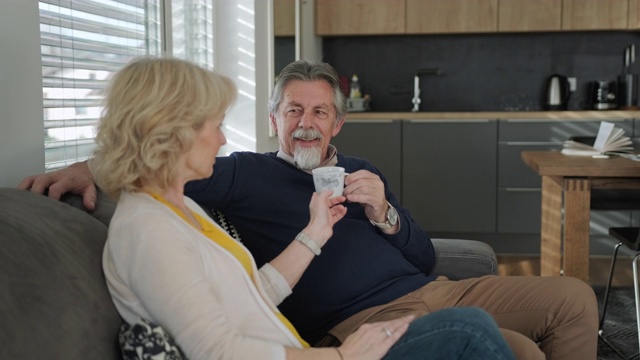 老夫妇在客厅的沙发上喝咖啡聊天视频素材