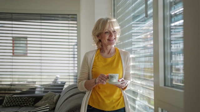 一位年长的白人妇女站在窗边喝着咖啡视频素材
