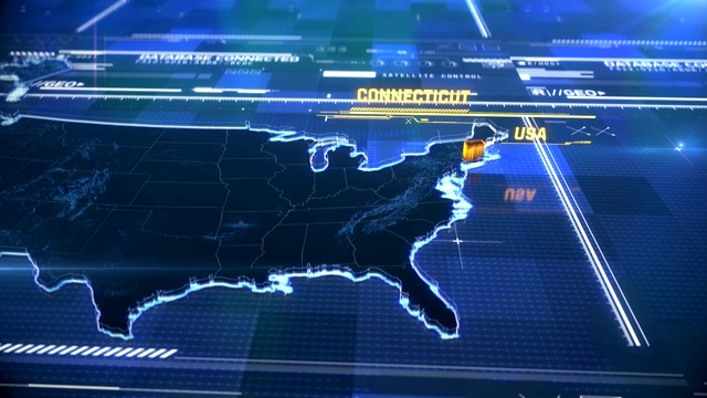 康涅狄格州美国州边界3D现代地图与名称，地区轮廓视频下载