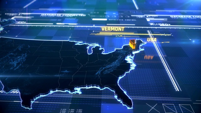 佛蒙特州美国边界3D现代地图与名称，地区轮廓视频素材